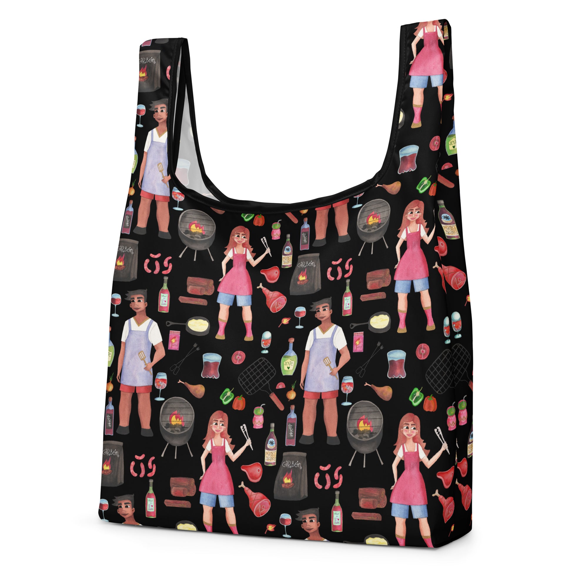 Reusable shopping bag with a pattern of people at a barbecue on a black background