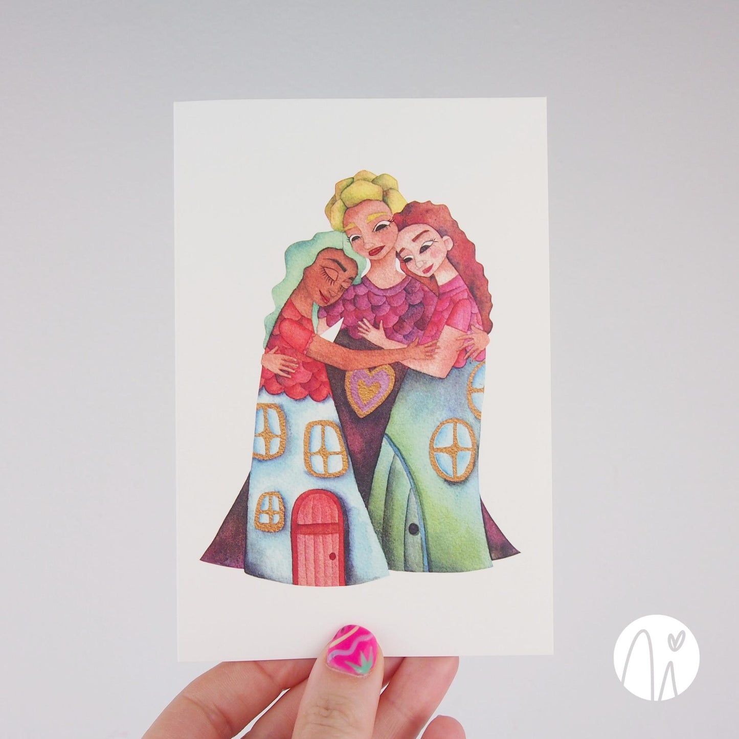 Friendship greeting card — original illustration of three women hugging, wearing house-shaped dresses that symbolize friendship as a warm and loving home, on a white background