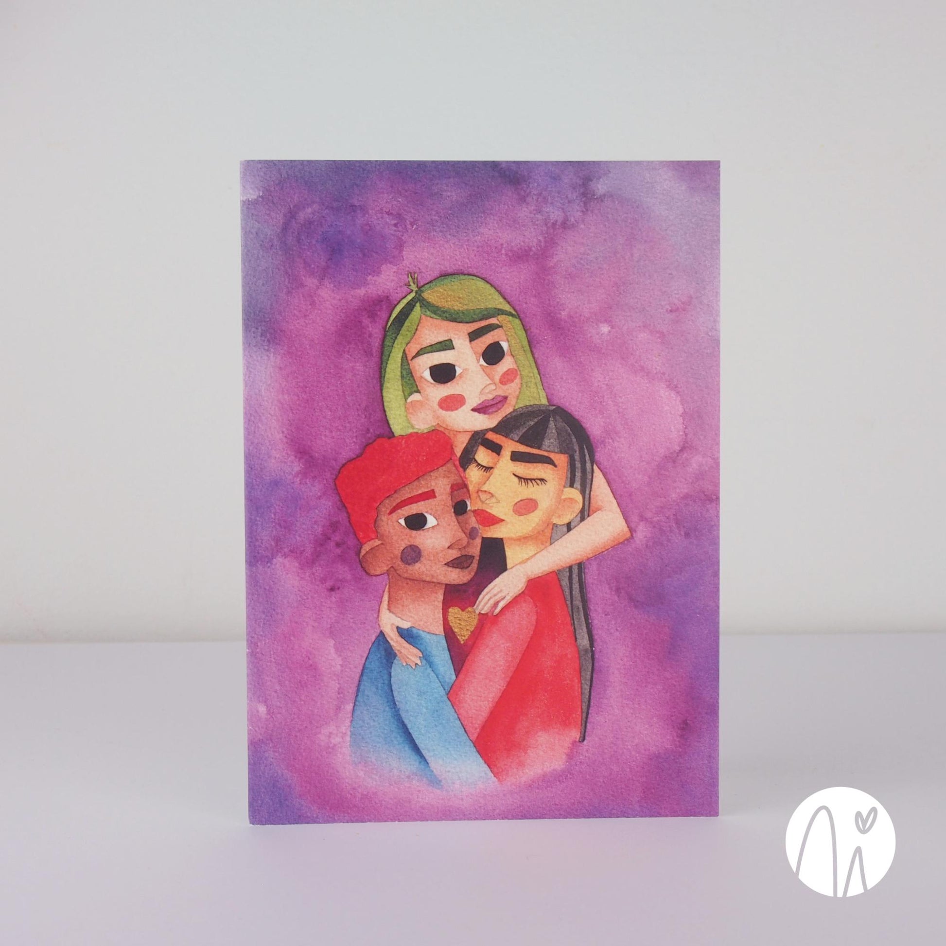 Illustration of three women embracing on a purple and pink gradient background